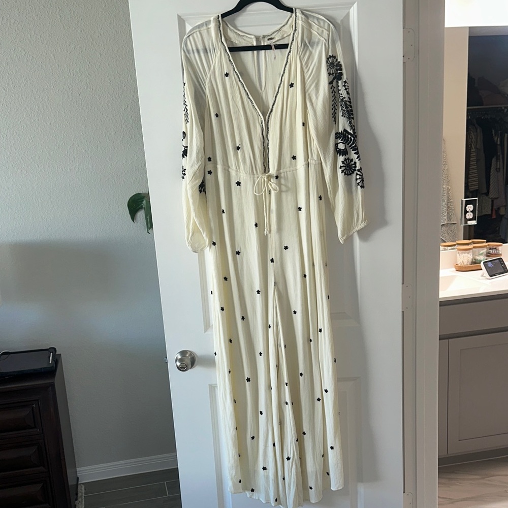 Free People Cream Jumpsuit with Black Embroidery